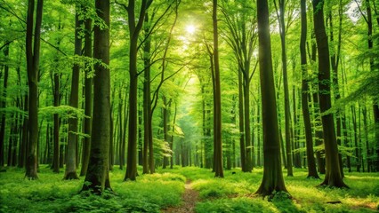 Obraz premium Dense green forest with tall trees and vibrant foliage in summer, woods, outdoors, woods, outdoors, nature