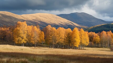Golden Birch Trees in Autumn with Mountains Under Dramatic Sky : Generative AI