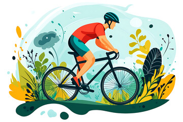 A flat vector illustration of a person riding a bicycle in a modern urban setting