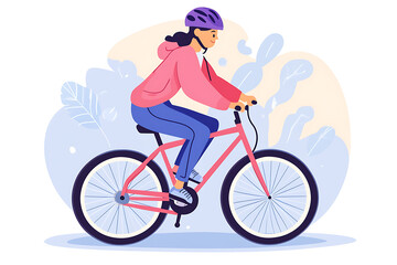 A flat vector illustration of a person riding a bicycle in a modern urban setting