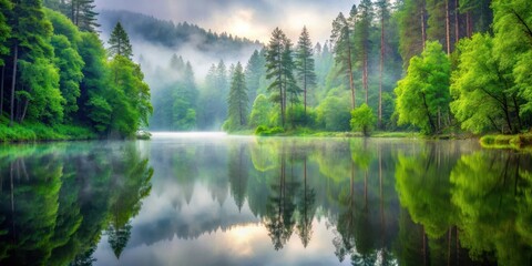 Obraz premium Misty forest pond surrounded by tall trees and lush greenery with a serene water surface reflecting the foggy atmosphere, foggy forest, nature scenery