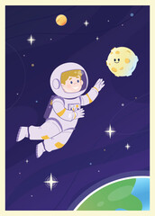 Astronaut and the Moon. Cartoon astronaut meets cute moon. Space exploration and adventures. Children's poster. Vector illustration