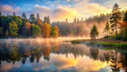 Fototapeta premium Forest landscape at dawn near lake with misty fog creating serene atmosphere surrounded by trees and wild greenery , foggy, autumn