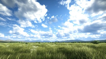 Obraz premium Expansive Green Meadow Under Partly Cloudy Sky in Idyllic Setting : Generative AI