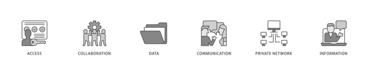 Intranet icon set flow process which consists of access, collaboration, data, communication, private network, and information technology icon live stroke and easy to edit .