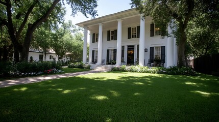 Elegant Southern Colonial House with White Columns and Lush Green Lawn : Generative AI