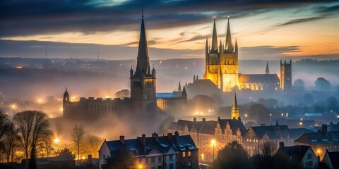 Naklejka premium A dark and misty night over the medieval city of Norwich with the castle and cathedral silhouetted against the sky, nighttime, medieval architecture