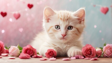 "Adorable Ginger Kitten Embracing Red Heart Toy &ndash; Valentine's Day Love Theme on Pink Background. Perfect for Animal Shelter Ads, Veterinary Promotions, and Heartwarming Pet Adoption Campaigns."