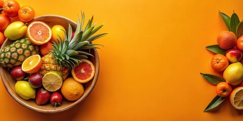 Vibrant orange background with a warm yellow border, featuring a bowl of juicy tropical fruits, tropical, bright orange