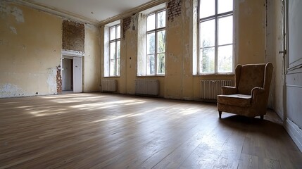 Obraz premium Spacious Abandoned Room with Vintage Armchair and Large Windows in Historic Building : Generative AI