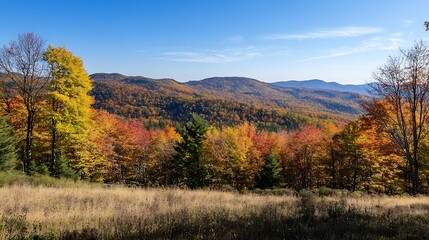 Fototapeta premium Expansive Mountain Vista with Autumn Forest and Clear Blue Sky Horizon : Generative AI
