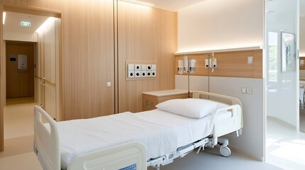 Contemporary hospital room with wooden panels and comfortable patient bed for modern healthcare : Generative AI