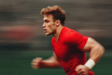 Dynamic rugby player sprinting on field sports event outdoor environment action shot athletic performance