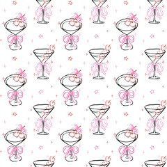 Whimsical Seamless Pattern Girly Martini Glass with Bow and Heart Olive Hand Drawn Retro Isolated on Background