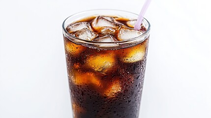 Chilled cola with ice and straw on a bright background perfect for summer refreshment : Generative AI