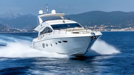 Fototapeta premium Powerful Luxury Yacht Cutting Through Waves with Scenic Mountain Backdrop : Generative AI