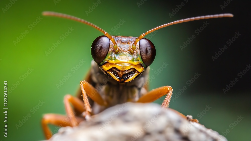 Poster macro shot of an insect with brown eyes on blurry background : generative ai