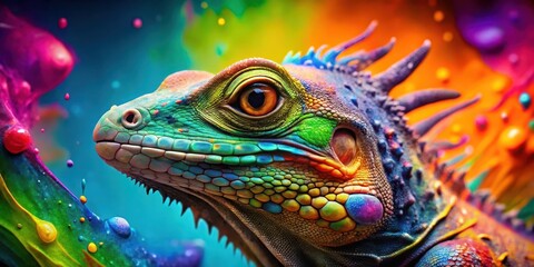 Obraz premium Colorful reptile head in a vibrant splash art with intricate eye-catching patterns and dynamic colors, set against a bold and contrasting background , vibrant, reptile
