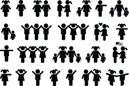 Kids or children icon in flat set. Boy and girl symbols two children simple shadow isolated on transparent background vector for apps or web Happy little children play with one another