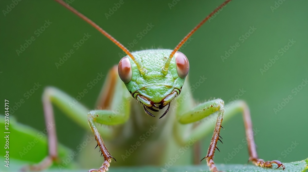 Poster Macro View of Green Praying Mantis with Intricate Features on Leaf : Generative AI