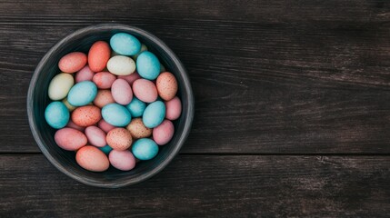 Pastel Easter Candy Eggs in Bowl on Dark Wood