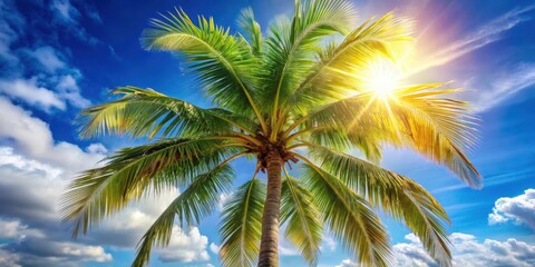 A majestic palm tree sways gently in the warm air currents of a sunny day, its crown a vibrant display of feathery fronds against a bright blue sky, sunlit, tropical