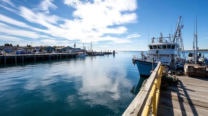 Fototapeta premium Idyllic Fishing Port Scene with Docked Boats under Bright Blue Sky and Sparking Waters on Sunny Day : Generative AI