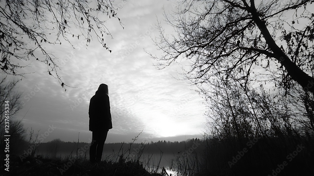 Poster silhouette of person standing in misty forest at twilight : generative ai
