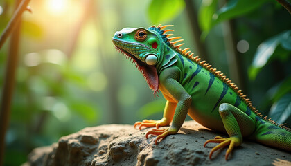 Fototapeta premium Vibrant Green Iguana on Branch in Sunlit Tropical Forest