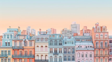 Fototapeta premium A whimsical pastel-colored cityscape painting featuring charming buildings with soft, dreamy hues, curved rooftops, and a glowing sunset sky, evoking a relaxed and happy atmosphere, set against 