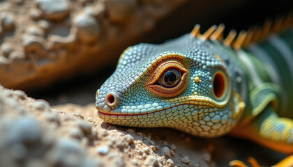 Fototapeta premium Close-up Portrait of Blue Iguana with Detailed Scales