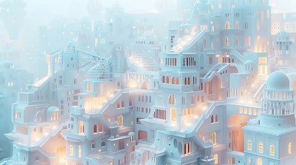 A beautiful artistic rendering of a fantasy city skyline in soft, dreamy pastels, featuring tall buildings, spiraling staircases, and warm glowing streetlights, carefully arranged on a white 