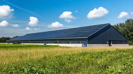 Obraz premium Modern Eco Friendly Farm Building with Solar Roof in Rural Field Landscape : Generative AI