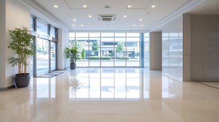 Obraz premium Modern Lobby with Glossy Floor Large Windows and Lush Green Plants in Urban Office Building : Generative AI