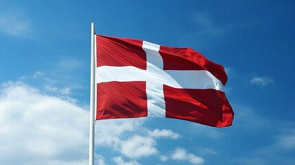Danish Flag With Red and White Cross Waving Against a Blue Sky : Generative AI
