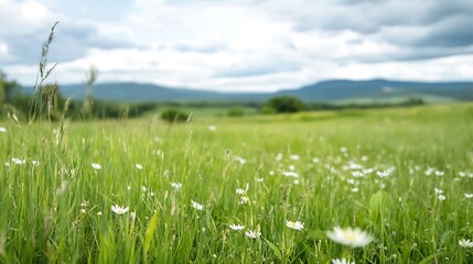 Obraz premium Tranquil Summer Meadow Landscape with Daisies under Overcast Sky : Generative AI