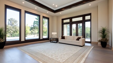 Elegant Living Room with Large Windows and Modern Interior Design Elements : Generative AI