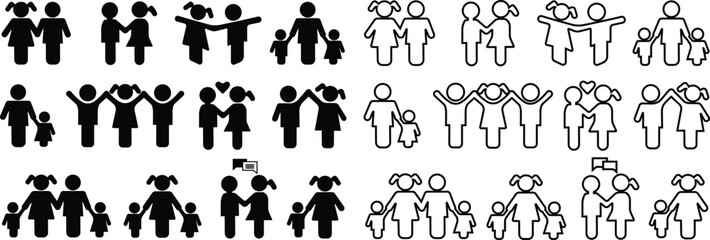 Kids or children icon in flat and line set. Boy and girl symbols two children simple shadow isolated on transparent background vector for apps or web Happy little children play with one another