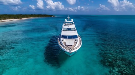 Luxury Yacht Navigating Crystal Clear Waters of Exotic Caribbean Coastline : Generative AI