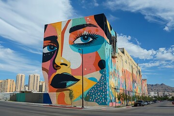 A large mural on the side of an office building in Las Vegas depicts a beautiful woman's face with vibrant, colorful eyelashes