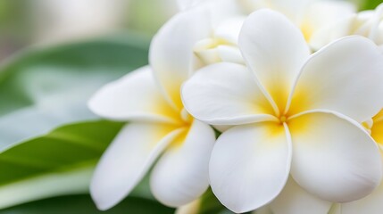 Obraz premium White Plumeria Blossoms Exuding Tropical Charm and Elegance Amidst Green Leaves : Generative AI
