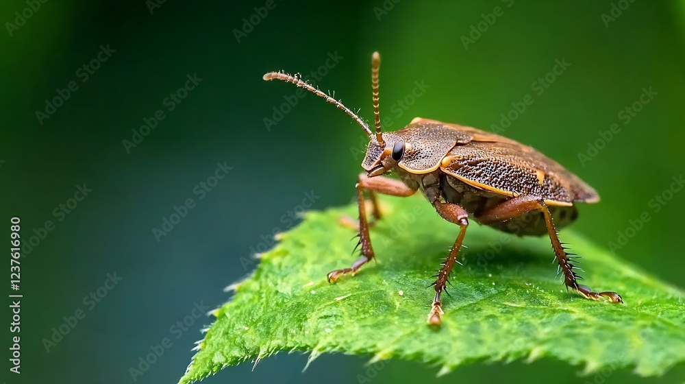 Poster brown weevil on leaf with bright green background in nature : generative ai
