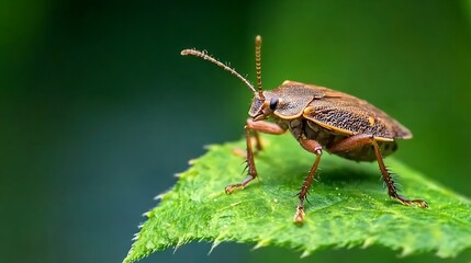 Naklejka premium Brown Weevil on Leaf with Bright Green Background in Nature : Generative AI