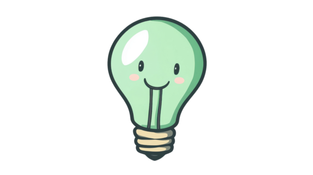 Green light bulb cartoon character smiling on transparent background