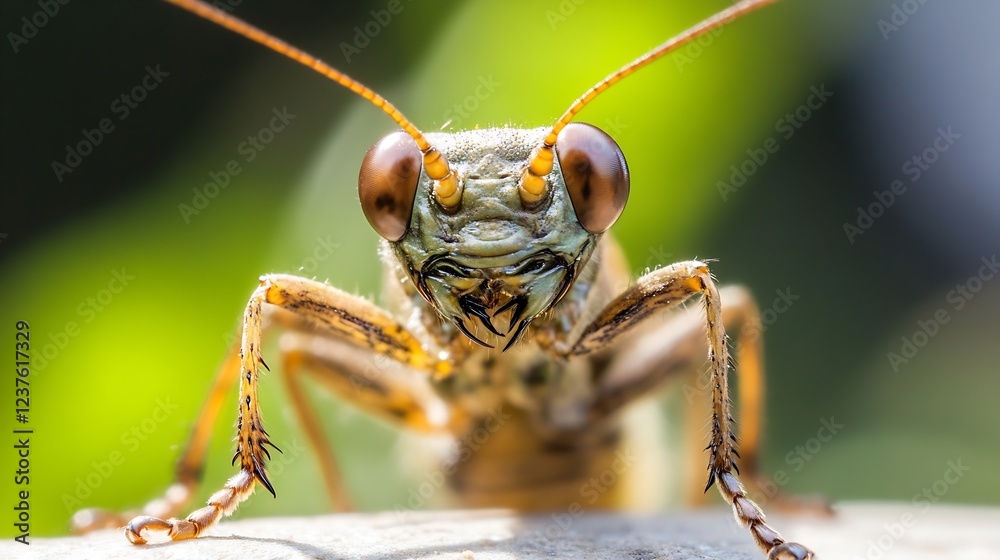 Poster Macro Closeup of Grasshopper on Leaf with Detailed Texture and Vibrant Green Background : Generative AI