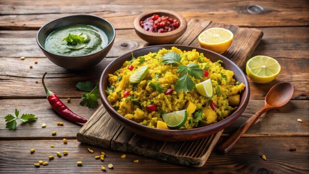Crunchy kandha batata poha served hot with a side of spicy green chutney and lemon wedges on a rustic wooden table