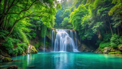 Fototapeta premium Serene waterfall nestled among emerald forest trees and verdant foliage, waterfall, vegetation, waterfall, vegetation, calm