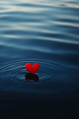 Fototapeta premium A single red love floating in the mid air above the surface of dark blue water, creating ripples that spread out like waves. 