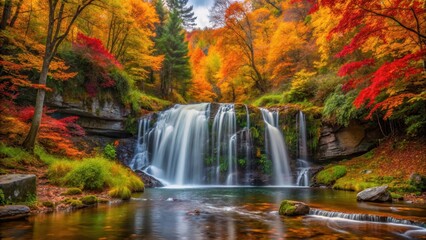 Autumnal waterfall surrounded by vibrant fall colors in lush forest