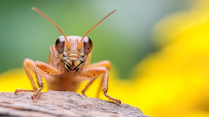 Fototapeta premium Vivid Orange Grasshopper Perched on a Rock with Blurred Yellow Background : Generative AI